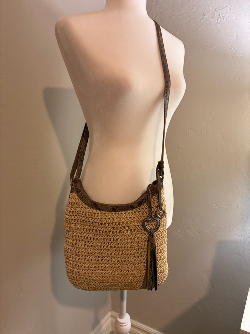 Brighton Tan Crochet Crossbody Shoulder Bag with Snake skin trim.